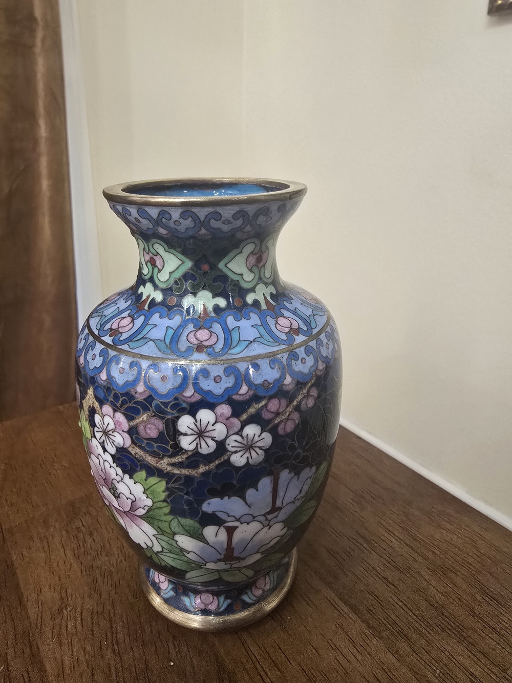 Vintage Chinese Cloisonné Floral Vase - Peony Blossom & Lily Enamel - Foil Label